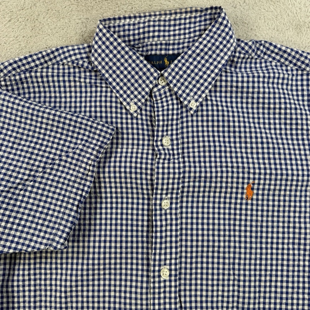 Polo Ralph Lauren Shirt Mens Medium Blue Seersucker Gingham Button Down Pony